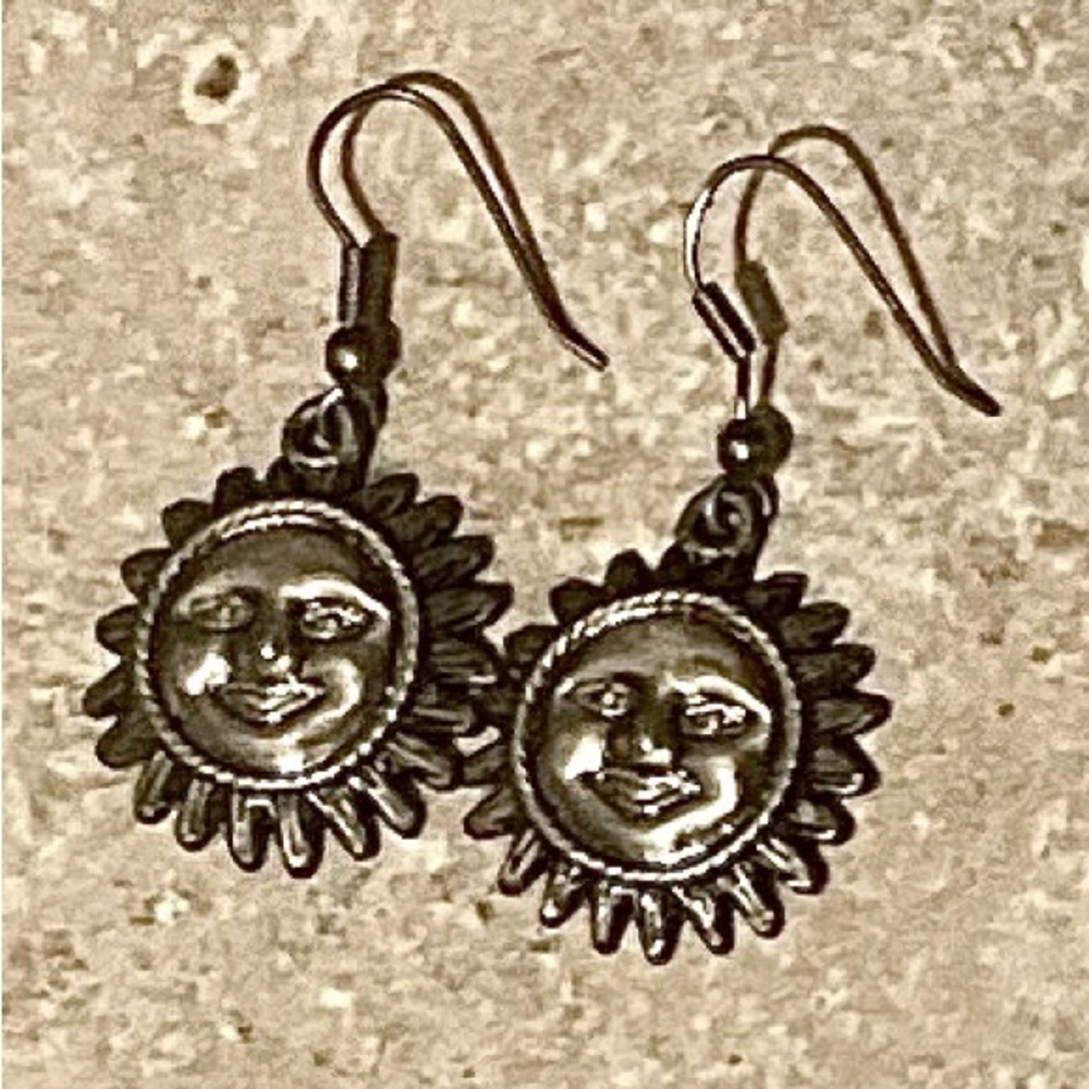Vintage pewter Sun French hook earrings and Crescent Moon French hook earrings - Picture 3 of 7